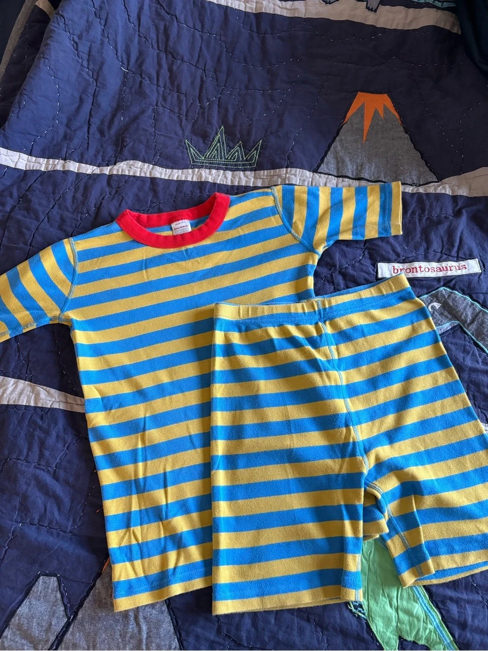 Hanna Andersson Yellow and Blue Striped Short John Pajama Set Sz 160